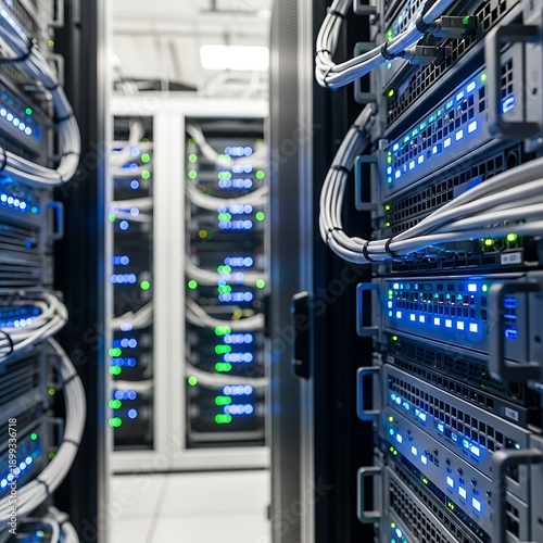 Server room interior with racks of blinking lights and cables, data center technology