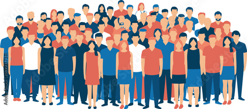 Large diverse crowd illustration, group of men and women standing together representing community, teamwork, society, inclusion and social unity flat vector