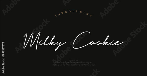 Milky Cookie, Script typography beauty fashion elegant minimalist serif italic fonts decorative wedding vintage retro logos. Minimal luxury font alphabet logo. Vector illustration
