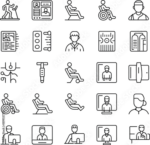Medical healthcare line icon set showing patients, doctors, hospital equipment, telemedicine and rehabilitation symbols, modern outline flat vector illustration
