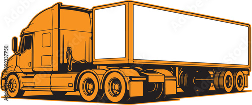 Orange semi truck with trailer isolated for logistics and transport