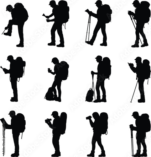 Hiker silhouettes in outdoor activities, trekking gear and exploration poses, nature adventure lifestyle concept, backpacking theme, flat vector illustration