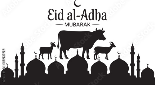 Islamic Eid Al Adha Celebration Flat Background with Sacrificial Animals Silhouette