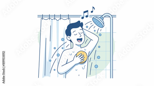 Man happily singing and washing himself with a sponge in the shower, surrounded by water droplets, with musical notes indicating a song