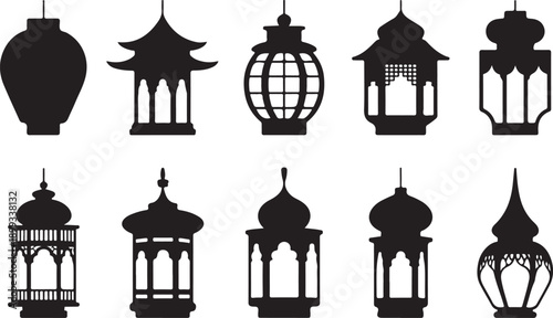 Islamic Lantern and Mosque Silhouette Vector Set, Traditional Arabic Fanous Lamps, Ramadan Kareem Decorations, Eid Mubarak Religious Architectural Elements, Black Outline Graphics