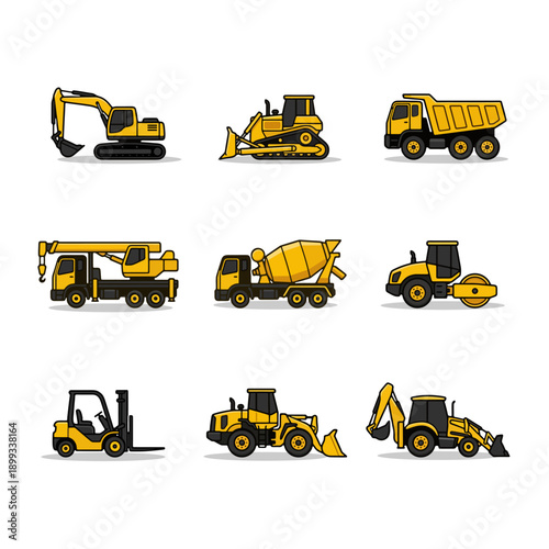 Construction Heavy Equipment Vector Icon Set – Excavator, Bulldozer, Dump Truck and More