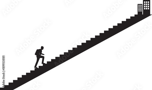Man climbing steep staircase towards door goal achievement silhouette vector illustration