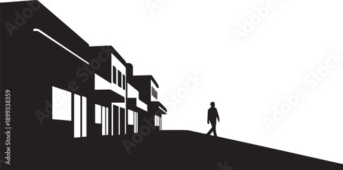 Silhouette vector illustration of small figure walking past urban buildings and stores art