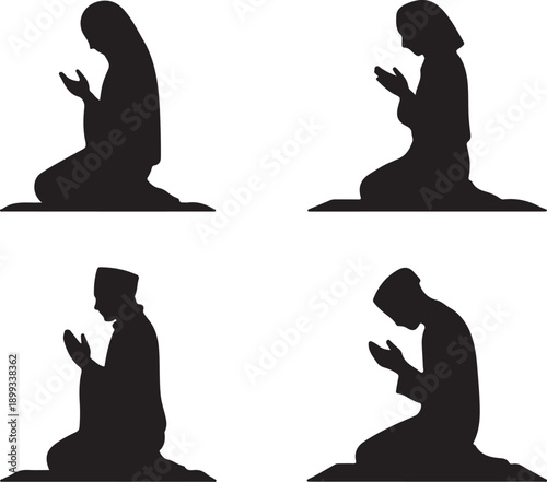 Islamic prayer silhouette, kneeling worship vector, spiritual devotion clipart, muslim man woman praying, religious pose set, cad drawing flat vector illustration
