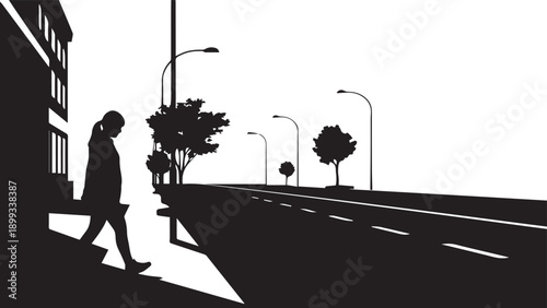 Solitary woman walks down steps onto street at twilight time silhouette illustration