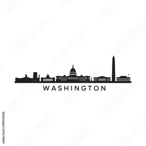 A black silhouette skyline illustration of washington d c with the city s name