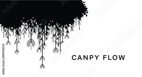 Abstract black botanical illustration with cascading organic shapes and flowing lines on white background