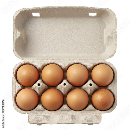 Egg price inflation concept | Open carton of brown eggs isolated on white background