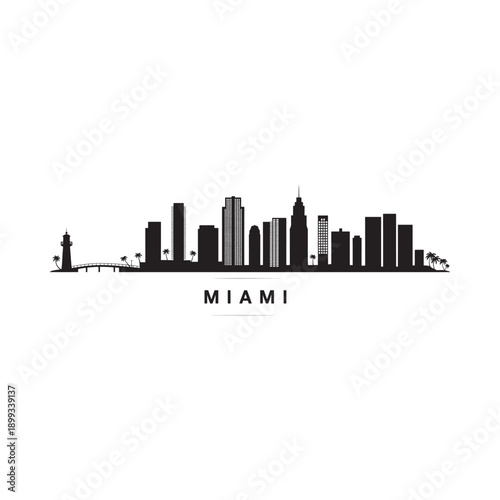 A striking black silhouette of the miami skyline against a plain white background