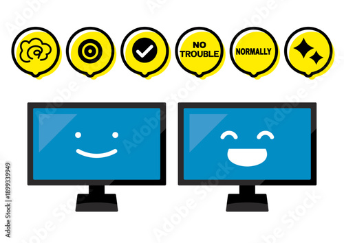 Computer monitor set with happy smiling faces, normal operation and fixed system status icons