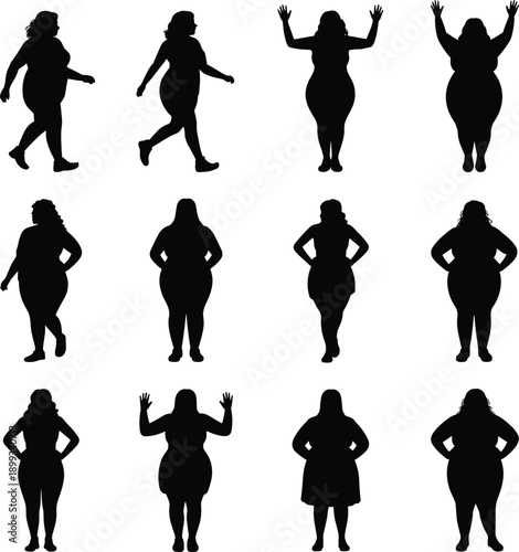 Plus size woman silhouette collection showing walking standing and raised arm poses, body positive female figures isolated, flat vector illustration
