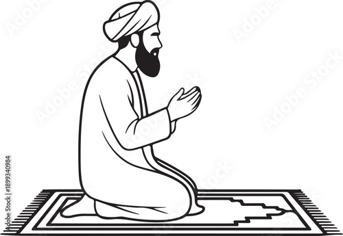 Muslim old man praying namaz. Sketching vector religion illustration