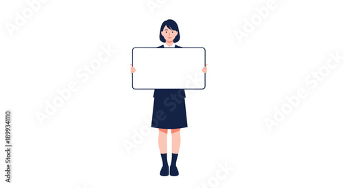 Female student in a dark school uniform stands alone and holds a large blank white sign board for text placement or custom messaging.