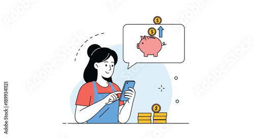 Young woman manages her personal finances and savings using a mobile application on her smartphone with a piggy bank icon visualization.