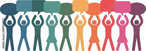 Gradient speech bubble silhouettes in rainbow colors, diversity and dialogue concept, community expression and unity theme, flat vector illustration