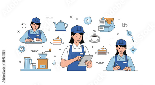 Team of cafe employees in matching blue uniforms work on various tasks including writing orders and using a digital tablet in a coffee shop.