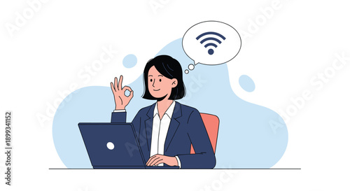 Successful businesswoman works on a laptop and expresses satisfaction with the high speed wifi connection by making a classic okay sign.