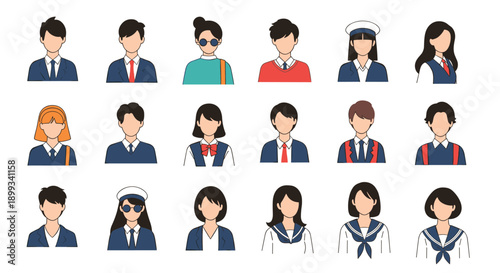 Large collection of diverse flat avatar icons representing various professions, students, and personalities in a colorful grid layout.