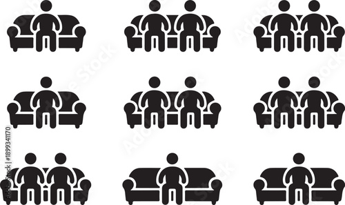 People Sitting on Chair Sofa. Pictogram depicts man and woman sitting on couch
