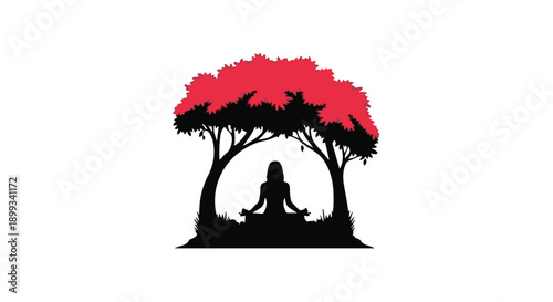 Serene silhouette meditating under a vibrant canopy of trees