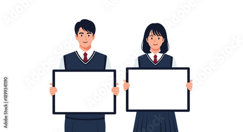 Two students in neat school uniforms stand side by side and hold up large blank white sign boards for custom announcements or messages.