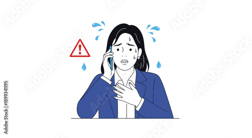 Worried businesswoman in a blue suit wipes sweat from her forehead while dealing with an emergency phone call next to a red warning sign.