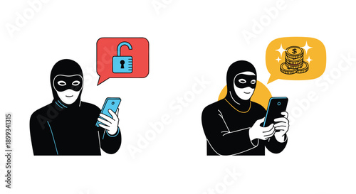 Two illustrations of a cyber criminal in a black mask using a smartphone to hack accounts and steal digital money from unsuspecting users.