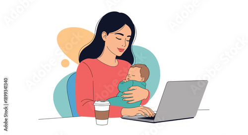 Multitasking mother works on her laptop while tenderly holding her sleeping infant and enjoying a cup of coffee at her home office desk.