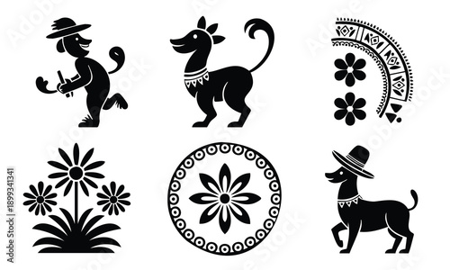 Decorative animals and flowers bundle cinco de mayo silhouette icons