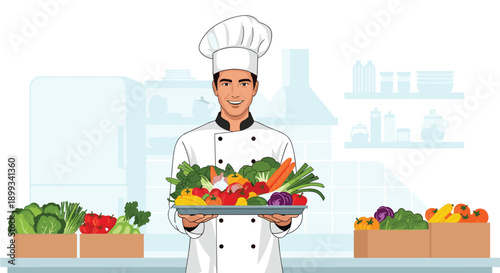 Happy male chef in a traditional white uniform and hat presents a large tray overflowing with a variety of fresh and colorful vegetables.