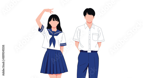 Male and female students in traditional Japanese high school uniforms standing side-by-side against a clean white background in a minimalist style.