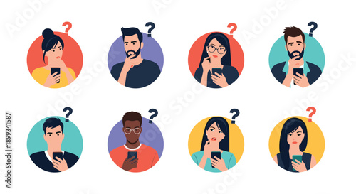 Collection of eight avatar portraits featuring diverse men and women looking confused while using smartphones with question marks above heads.