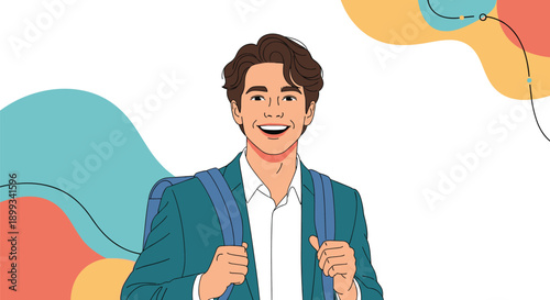 Happy young male student with a backpack smiling broadly against a colorful abstract background of wave shapes and dots.