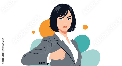 Confident young businesswoman with short dark hair wearing a grey professional suit against a background of colorful abstract circles.