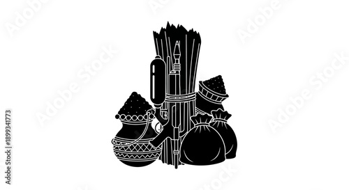 Traditional Indian Puja Items Black and White Vector Illustration for Religious Ceremonies and Festivals.