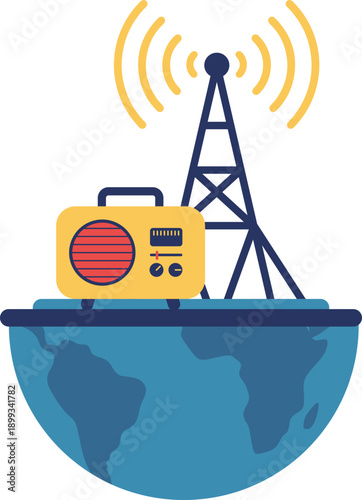 World radio day illustration with earth, radio tower, retro radio for podcast, flyer, poster banner. Vector isolated.