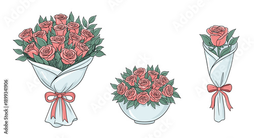 Collection of three beautiful pink rose flower arrangements including a large bouquet and a single wrapped stem.