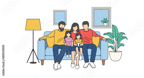 Happy family of five including parents and three children sitting together on a blue sofa in a cozy living room.