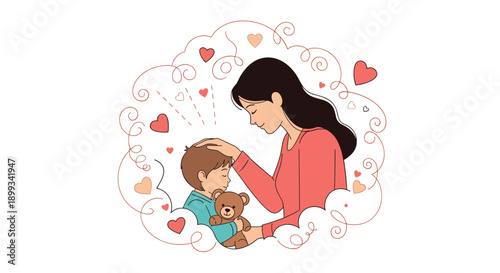 Loving mother comforting her young child who is holding a teddy bear inside a heart shaped frame with swirls.