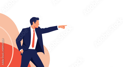 Businessman in a navy blue suit pointing forward with determination and a strong leadership gaze towards his goal.