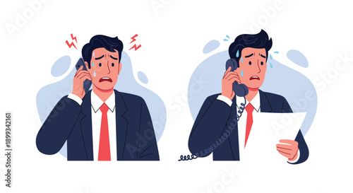 Businessman looking panicked and stressed while talking on a landline phone and a mobile phone at the same time.