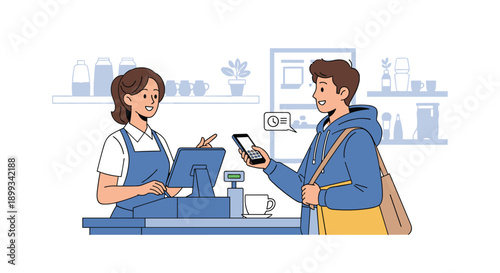 Male customer makes a mobile payment using a smartphone at a cafe counter while a friendly female barista assists him at the register.