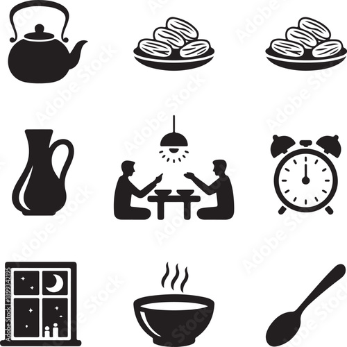 Ramadan iftar meal icons set silhouette featuring dates tea kettle clock lantern and people sharing food
