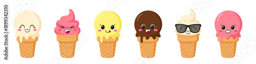 Set ice cream scoop in a waffle cup, sweet summer dessert, cute cartoon character, happy smiling face, big eyes, emotions joy delight, kawaii style, icon vector children's illustration.