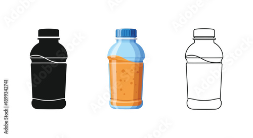 Set of three smoothie or juice bottle icons in solid black silhouette, orange-colored illustration, and outline drawing